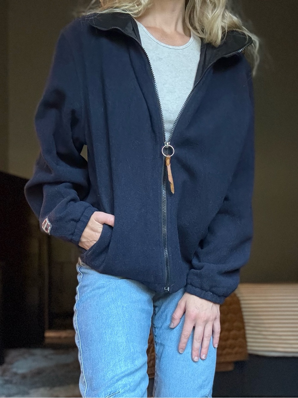 Vintage Retro Woolrich Navy blue zip up jacket Leather collar Small
